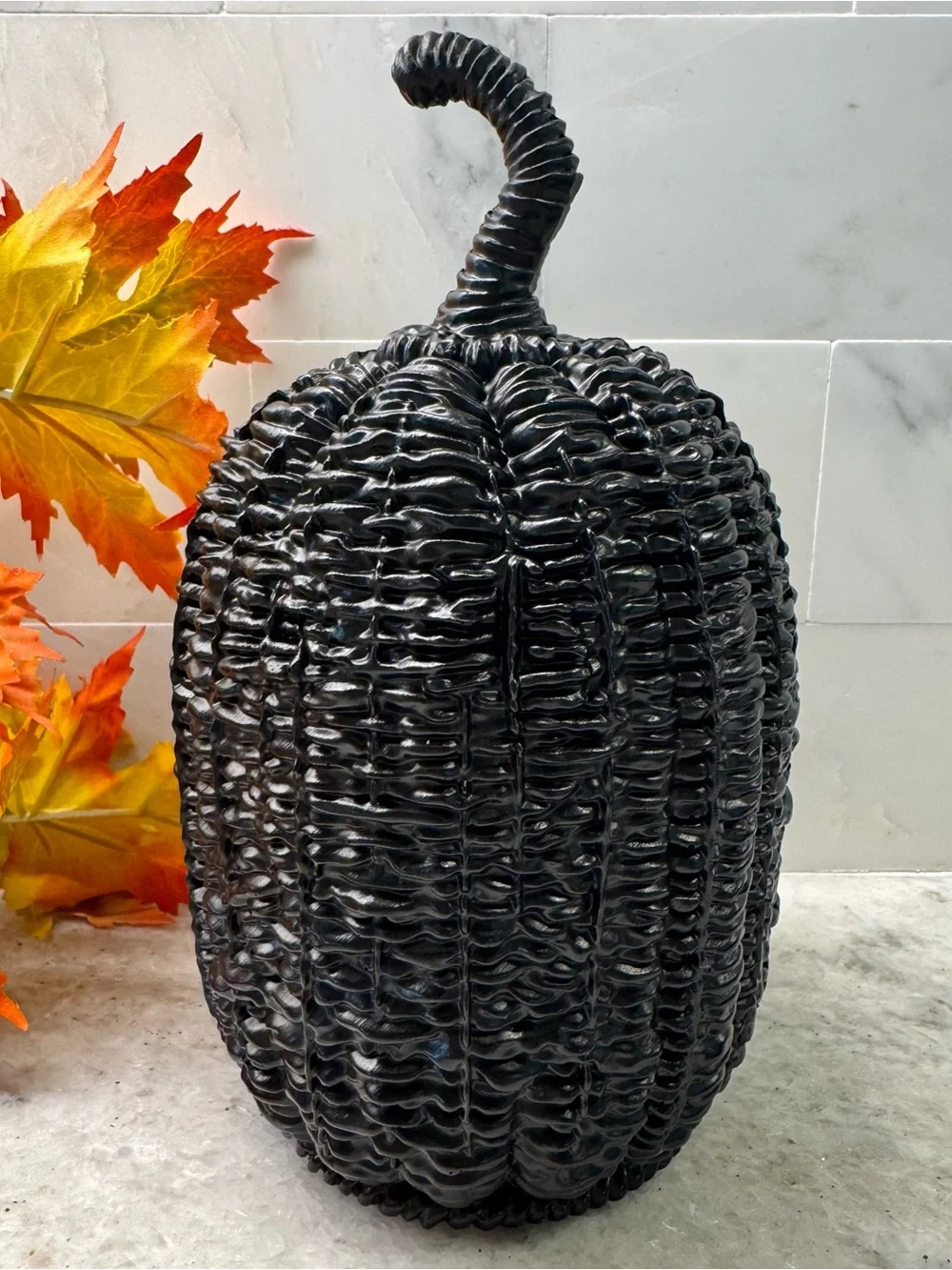 New Halloween RESIN Faux Wicker Black Jack-o'-Lantern Pumpkin w/ Tea Light - 8